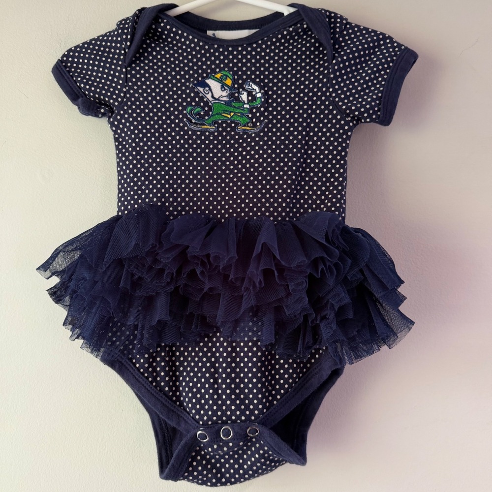 Two Feet Ahead Notre Dame Tutu Bodysuit Baby 6M Navy Blue Excellent Polka Dot